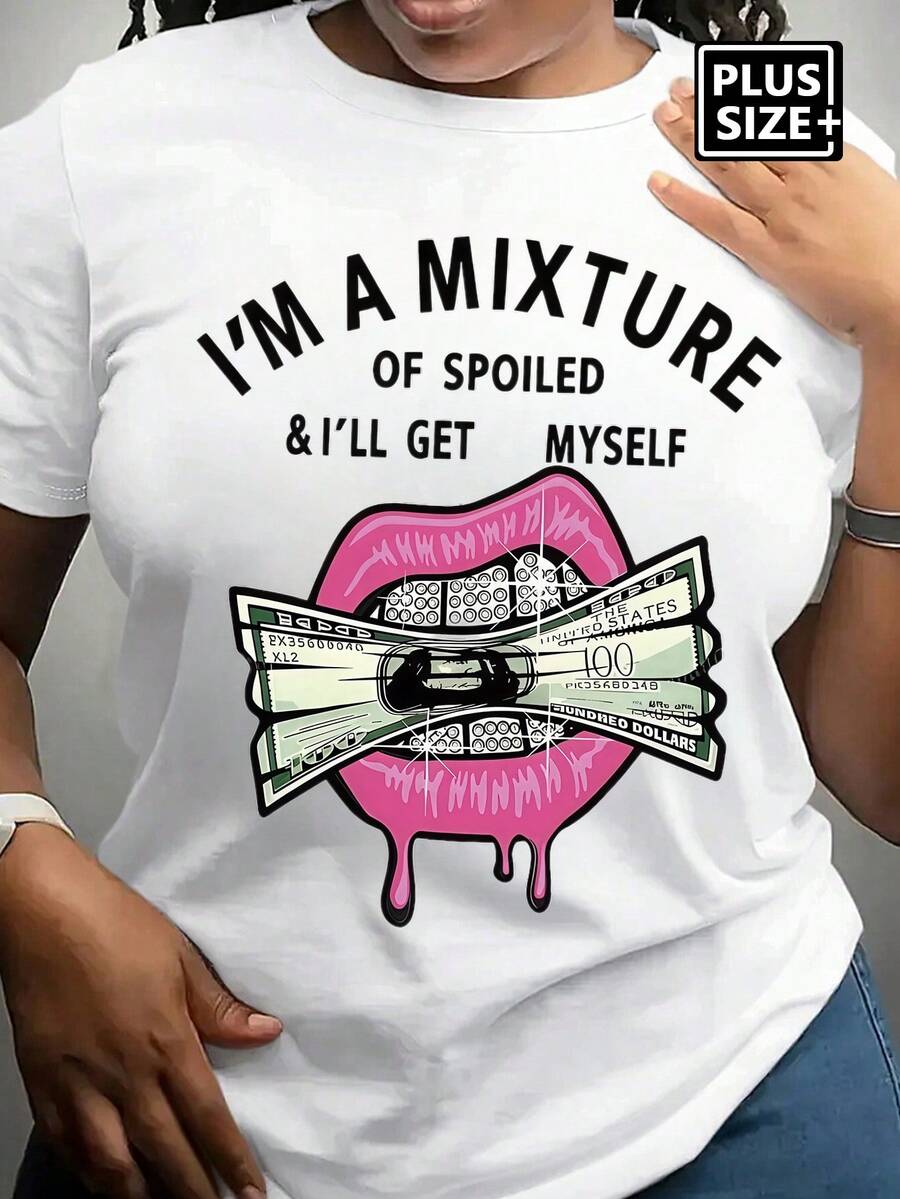 Plus Size Money & Lips Print Crew Neck T-Shirt, Casual Short Sleeve Top For Spring & Summer, Women's Clothing
