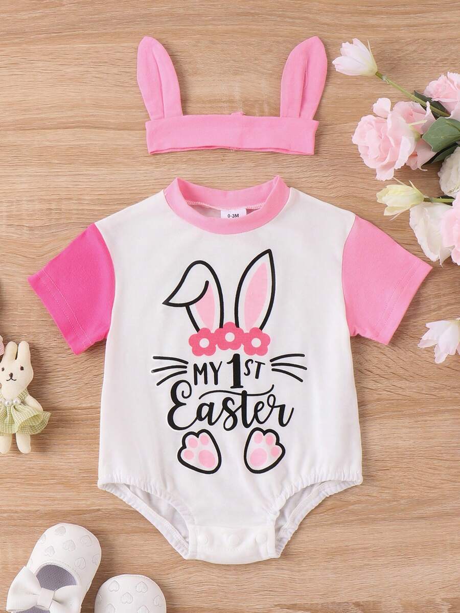 Baby Easter Outfit, Short Sleeve Crew Neck Letters Print Bodysuit With Bunny Ears Headband For Girls Boys