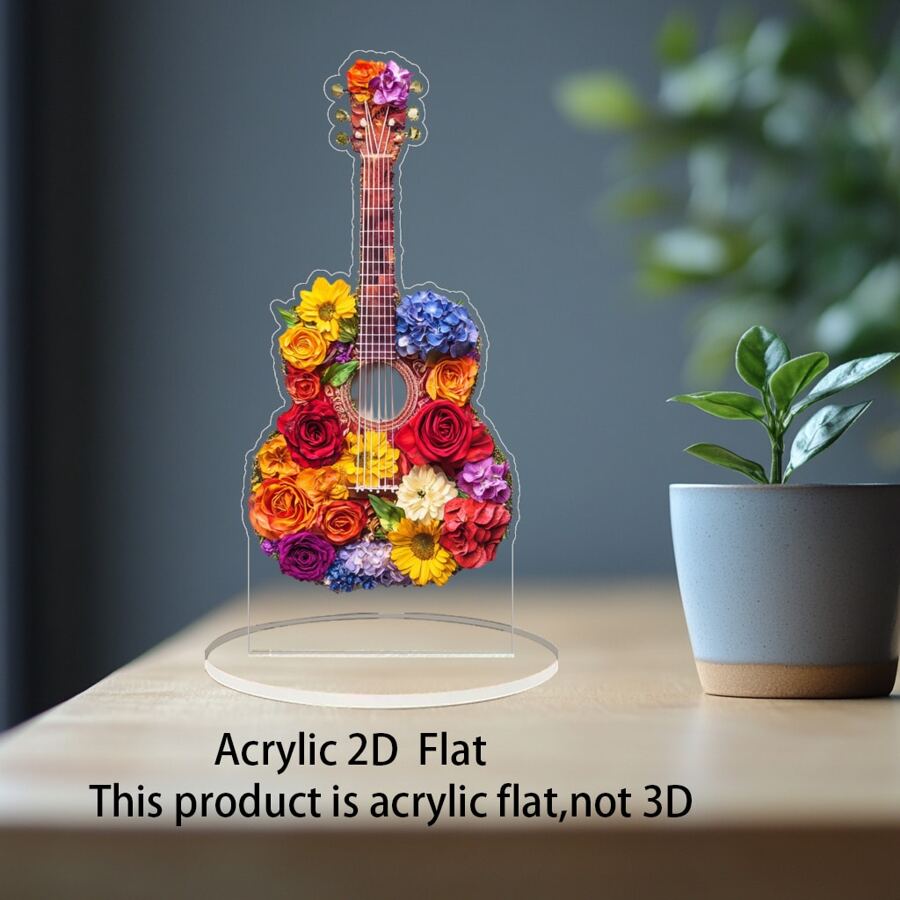 Guitare plate 2D décorée de fleurs colorées, décoration de bureau sans pile nécessaire, livrée avec un socle, convient comme cadeau pour la fête des mères, la rentrée, la remise des diplômes, l'anniversaire