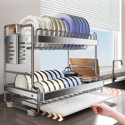 Large Capacity Stainless Steel Dish Rack - 2-Tier Kitchen Dish Drying Rack With Drainboard,Cutting Board Holders,Utensil Holder - Multifunctional Rustproof Dish Drainer For Home Kitchen Countertops - Space-Saving, Easy To Clean, Kitchen Accessories