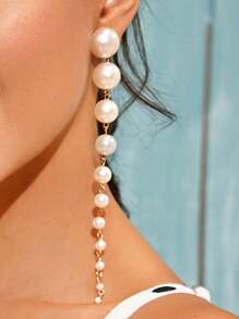 1 Pair Elegant Faux Pearl Tassel Dangle Earrings For Women, Suitable For Party, Holiday, Birthday, Business Occasions
