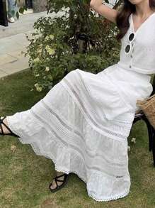 女士高腰镂空蕾丝设计优雅甜美 A 字裙 - 白色 - 查看 1
