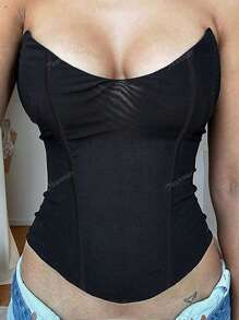 Yuwenier Femei Vintage fără bretele cu plasă semi-transparentă Overbust cu dantelă la spate Corset Bodyshaper Top tub pentru ieșiri sexy Festival de muzică