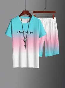Set de 2 piezas de traje casual de verano para hombres, camiseta de cuello redondo de manga corta con bloques de color y conjunto de pantalones cortos con cordón, pantalones cortos de playa, conjunto de entrenamiento, tallas grandes