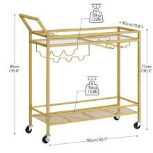 HOOBRO Carrito de bar para el hogar, carrito de cocina de 2 niveles con estante para vinos y portavasos, carrito de servicio con ruedas y barandillas para comedor, sala de estar, fiesta, bar - Dorado - Ver 5