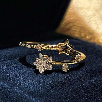 1pc Girls' Star Shaped Micro-Inlaid Open Ring, Fashionable Commuter Minimalist Daily Ring