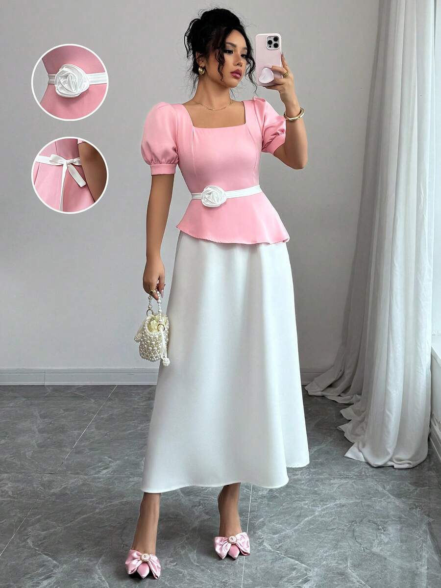 Floral Decor Zipper Puff Sleeve Square Neck Woven Dress - Pink - View 1