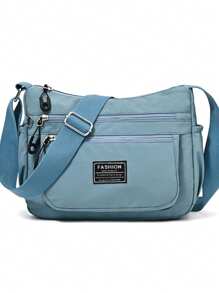 Women's Lightweight Crossbody Bag, Shoulder Bag With Multiple Zipper Pockets, Water Resistant Nylon Fabric, Coin Purse Included - Dusty Blue - View 2