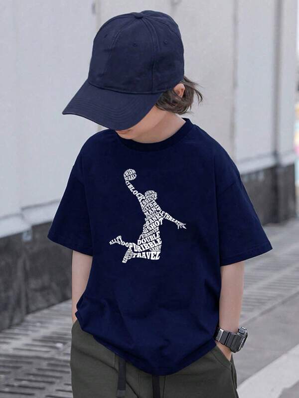 Boys & Teens Casual Printed Round Neck Short Sleeve T-Shirt, Summer Top