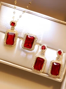 Conjunto de joyería de 4 piezas de cristal rojo de lujo para mujeres, que incluye 1 collar, 2 aretes y 1 anillo, adecuado para ocasiones diarias, fiestas, mejor elección como regalo