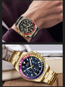 BIDEN New Men's Quartz Watch, Business And Leisure Chronograph, Rainbow Bezel Stainless Steel Strap, Waterproof Night Light Pointer Men's Watch, Automatic Date And 24-Hour Display - one-size - View 4
