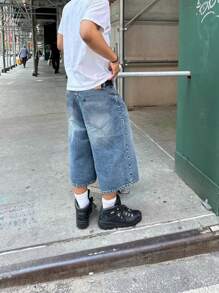 大码男士复古水洗宽松休闲牛仔百慕大短裤，超大阔腿七分裤 - 淺色水洗藍 - 查看 2