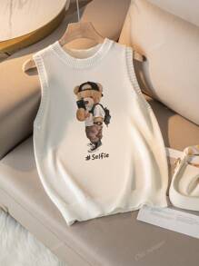 Nouveau débardeur pour femmes à col rond, printemps et été. Avec un motif imprimé d'un nounours portant un sac à dos et une casquette de baseball. T-shirts d'été blancs, simples et élégants, convenant pour les déplacements. Hauts tricotés d'été pour femmes