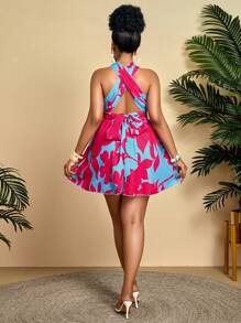 BIUBIU Plus Size Floral Print Halter Backless Dress, Holiday Wear