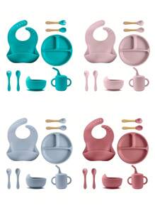 Juego de 8 piezas de vajilla de bebé de silicona con diseño personalizado, incluye plato con ventosa, tazón, taza, babero, cucharas y tenedores blandos, multiusos, ornamentales, con letras, de colores lisos, exquisitos, coloridos, adorables, casuales, personalizados, regalos ideales para bebés, hijo o hija