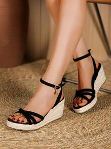 Women's Simple Versatile Round Toe Criss-Cross Lace-Up Jute Bottom Wedge Sandals With Rhinestones, Black Open Toe Casual Vacation Platform Woven Sandals Suitable With Sundress, Wedding