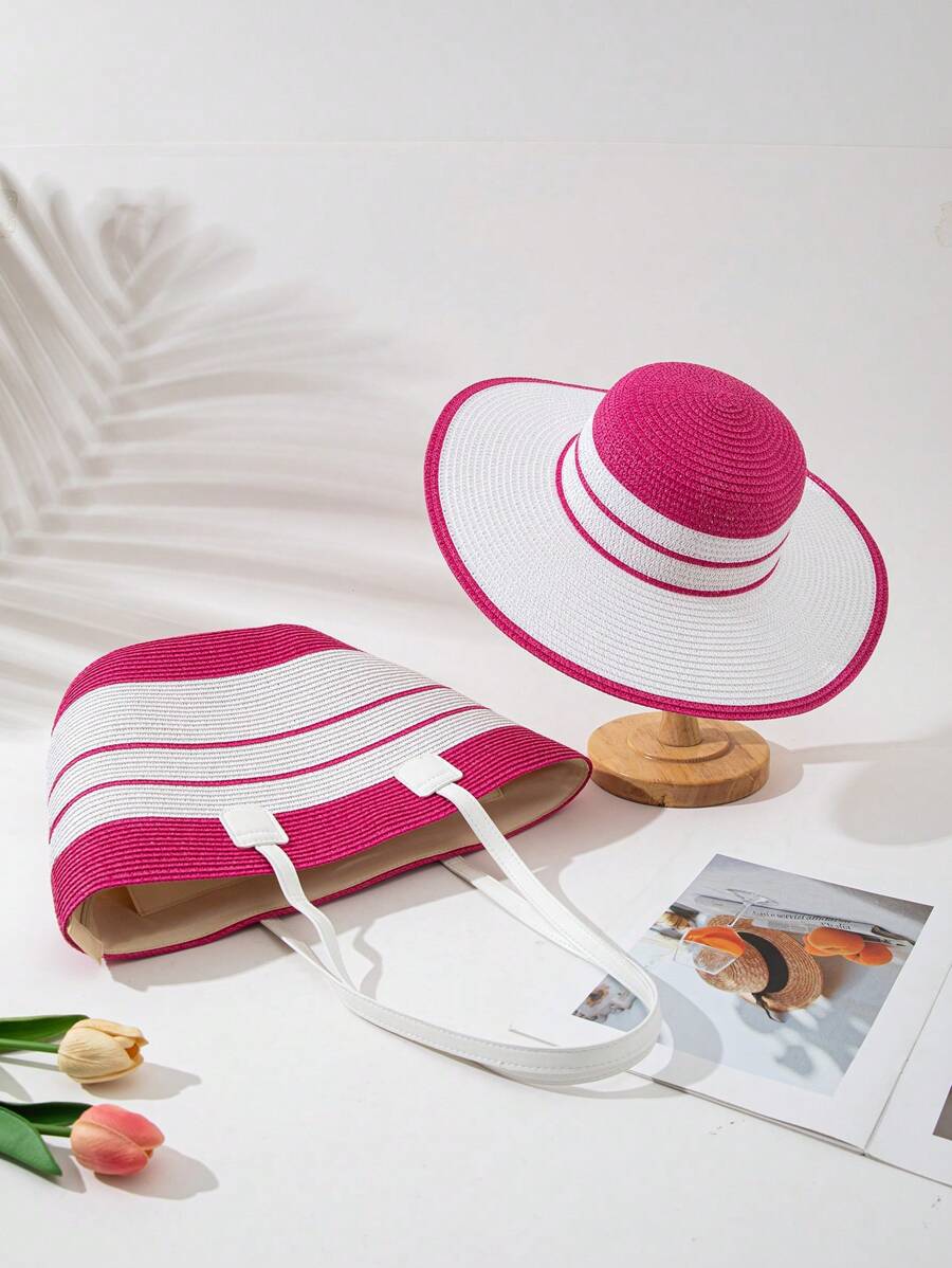 1 Bohemian Style Straw Hat + 1 Straw Bag - Khaki - View 1