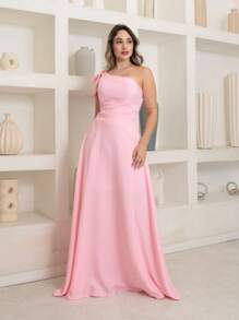 Victoria Long Dress Luxury Plain Duna Linen With Bow One Shoulder - Baby Pink - View 1