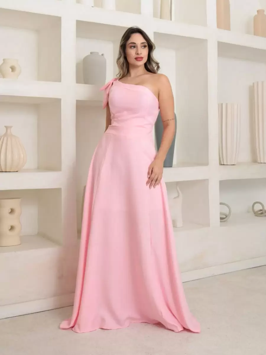 Victoria Long Dress Luxury Plain Duna Linen With Bow One Shoulder - Baby Pink - View 1