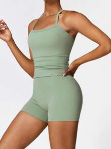 MASKERT Spring And Summer Women's Sports Suit Vest Fitness Suit Tight Running Suit High Stretch Fitness Yoga Suit Home Casual Comfortable Skin Friendly - Mist Green - View 4