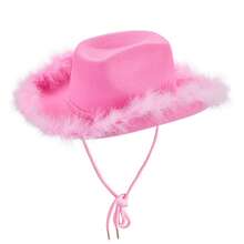Womens Cowboy Hat, Adult Solid Color Furry Trim Wide Brim Hat Female Cap For Dating Party - Pink - View 5