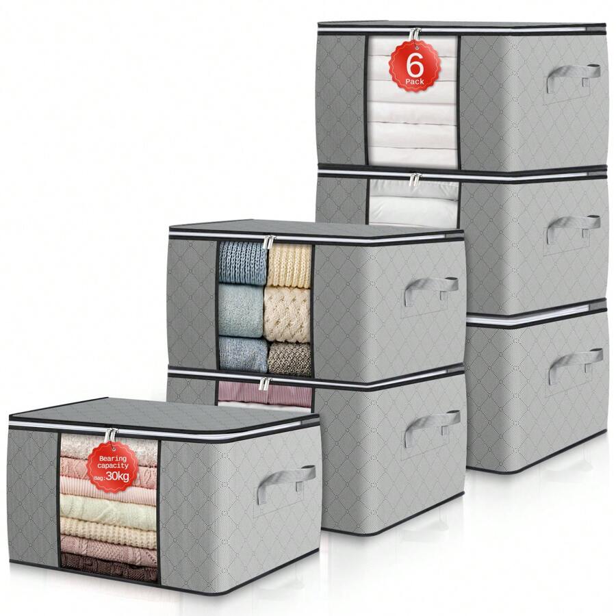 6 Stück 90L Aufbewahrungstasche Groß Aufbewahrungsbox Mit Deckel Verstärkte Griffe Nicht Leicht Zu Reißen, Für Kleidung Bettdecken Kissen Aufbewahrung Boxen, Umzugskartons Mit Fenster Faltbare - 灰色 - 查看 1