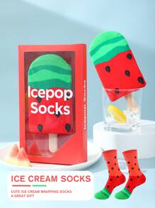 1 Pair Unisex Watermelon & Ice Cream Design Socks, Creative Unique Gifts, Soft Comfortable Breathable, Suitable For Valentine's Day, Ramadan, Mother's Day, Father's Day, Back To School, Easter, Family Gatherings, Casual Home, Couples, Birthday, All Seasons, Colorful Socks
