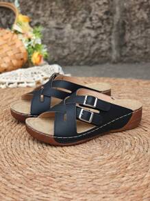 女士时尚厚底凉鞋、防水坡跟软底拖鞋、摇摆线鞋、妈妈鞋 - 黑色 - 查看 6