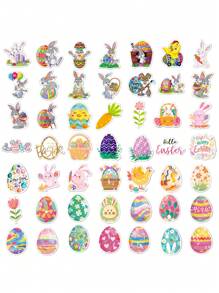 50 piezas de pegatinas holográficas con lindos conejos de Pascua, autoadhesivas, decoración de regalo de Pascua, pegatinas para huevos de Pascua DIY