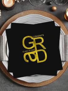 Congrats Grad Napkins, 20 Pcs Black And Gold 2025 Graduation Cocktail Napkins, Class Of 2025 College Graduates Party Dining Table Decorations