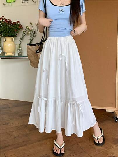 Minimalist Elegant Sweet Bowknot A-Line Skirt, Summer