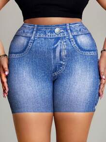 Plus Size Women High Stretch Bodycon Denim Effect Look Casual Shorts, Machine Washable, Suitable For Outdoor & Sports In Summer - Blue - View 2