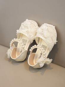 1 Pair Girls Fashion Elegant Minimalist Pearl Embroidery Breathable Mesh Bowknot Decor PU Princess Flats, Soft Non-Slip Easy To Wear, Suitable For Dresses And Piano Performance, All Season