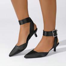 Große Größen Damen Lässige Spitze Zeh Schnallen Dekor Stilettos Schwarz Hohe Absatz Sandalen, vielseitig für EU & US Markt