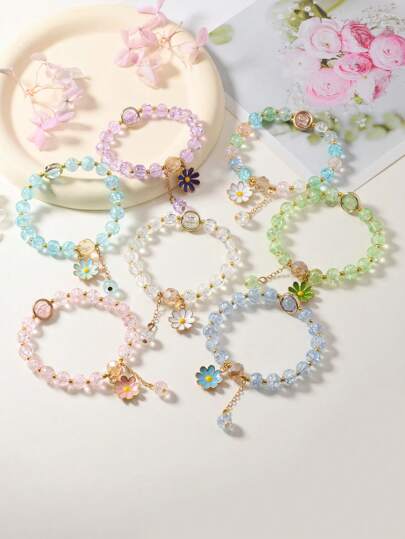 2件/3件套冰雪奇缘裂纹珠吊坠手链，马卡龙色春季系列，可爱甜美的饰品，出门必备