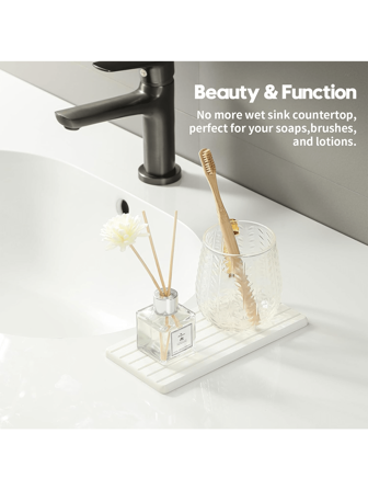 White Absorbent Stone Drying Mat Tray, Suitable For Bathroom Sink, Kitchen Countertop Organizer Rack, Quick-Drying Dish Soap Sponge Holder, Vanity Sink Rack, Beverage Bar Coaster