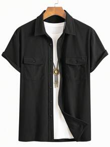 Men's Classic Corduroy Short Sleeve Shirt, Lapel Collar Button-Down, Dual Pockets Design, Versatile Casual Commute Essential Summer New Arrival - Black - View 3