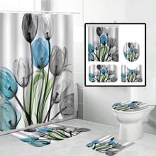 1/4pcs Flower Petal Printed Waterproof Shower Curtain Set, Includes 12 Curtain Hooks, Bathmat, U-Shaped Mat, Modern Home Bathroom Decor, Washable Polyester Fabric, Suitable As Gift