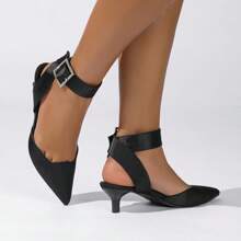 Große Größen Damen Lässige Spitze Zeh Schnallen Dekor Stilettos Schwarz Hohe Absatz Sandalen, vielseitig für EU & US Markt