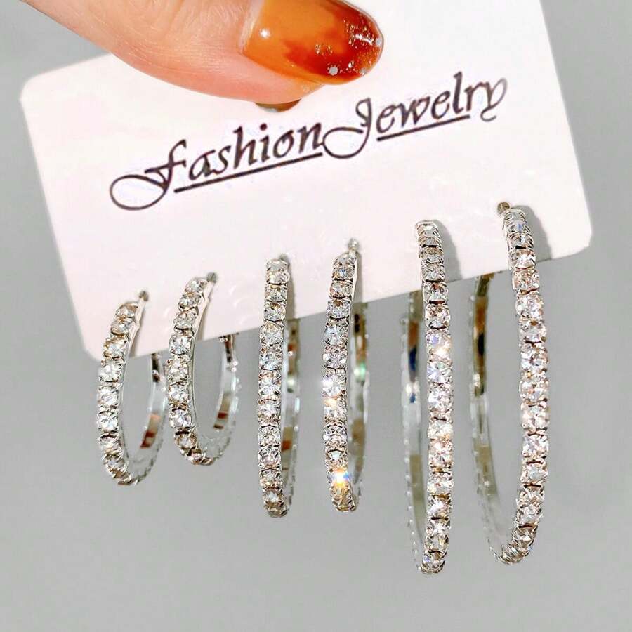 17KM 3pairs Rhinestone Decor Hoop Earrings