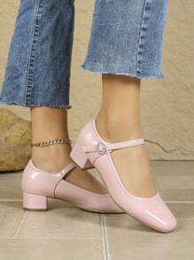 Women's Square Toe Casual Comfortable Rhinestone Buckle Chunky Heel Soft Sole Work Shoes - Pink - View 9