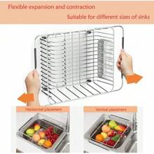 Stainless Steel Dish Drying Rack(15.2"L X 11"W X 5.3"H), Expandable Fruit & Vegetable Drain Rack Over Sink, Dish Drainer Rack In Sink, With Stainless Steel Utensil Holder & Silicone Mat(16") - Silver - View 3