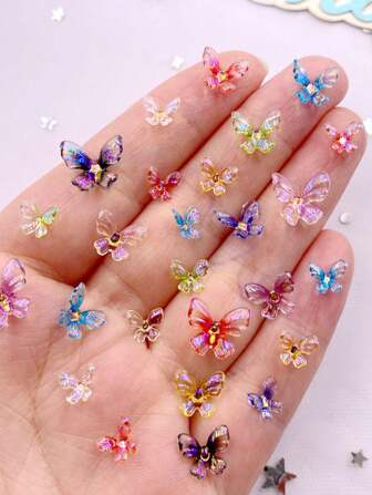 20颗7毫米/9毫米/11毫米混合闪粉AB树脂彩色迷你3D旋转水晶蝴蝶平底水钻婚礼艺术贴花DIY珠宝工艺配件夏季、学校