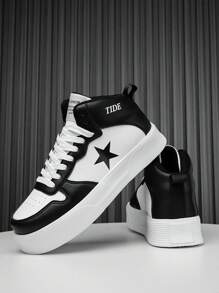 Men's Black & White Comfortable Thick Sole Shock-Absorbing High-Top Street-Style Casual Sports Shoes, Personalized Star Print Leather Upper Splicing High-End Minimalist Outdoor Non-Slip Flat Shoes