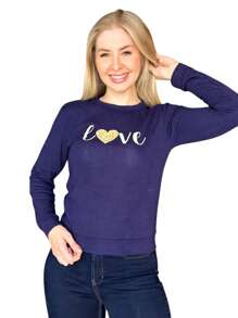 Fleece Blouse With Cuffs And Love Print, Warm Winter - 藏蓝色 - 查看 3