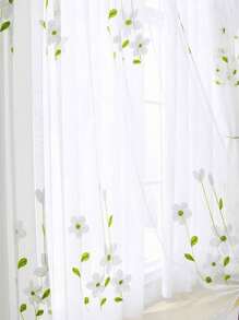 1pc White Magnolia Embroidered Sheer Voile Curtain Panel, Refreshing Design