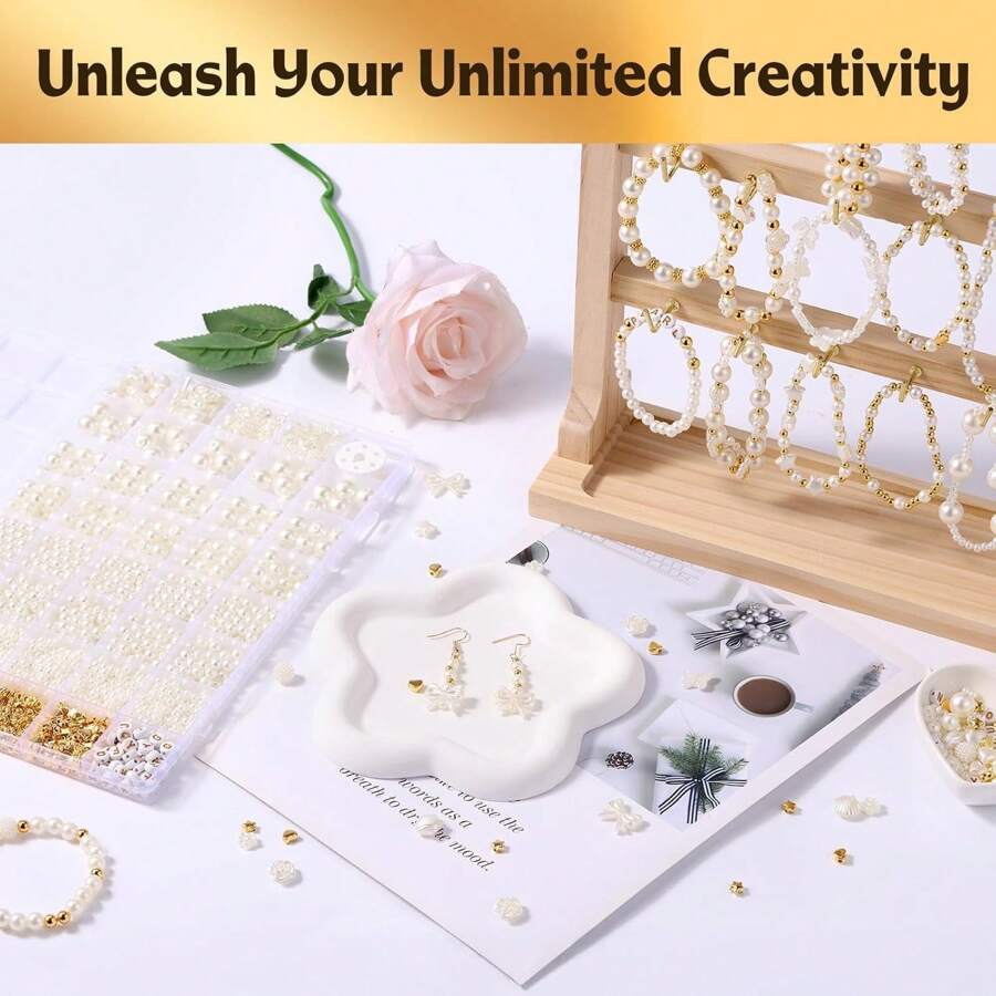 1860 件/盒，40 个隔层，各种珍珠、金属零件和心形珠子，配有松紧绳，用于制作珠宝项链