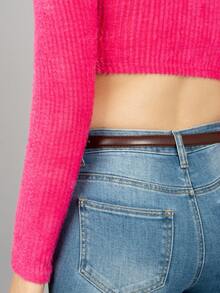 Top corto sexy de manga larga con escote en V profundo y detalle de nudo para uso informal y de fiesta - Rosa - Ver 7