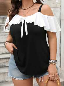 Women Plus Size Tank Tops Stylish Bow Design Contrast Color Ruffled Summer Cold Shoulder Vest