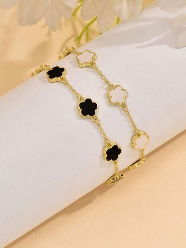 2 Pieces/Set Bicolor Five-Petal Flower Chain Bracelet, Fashion Jewelry For Spring/Summer, Suitable For Daily Wear, Mother's Day Gift